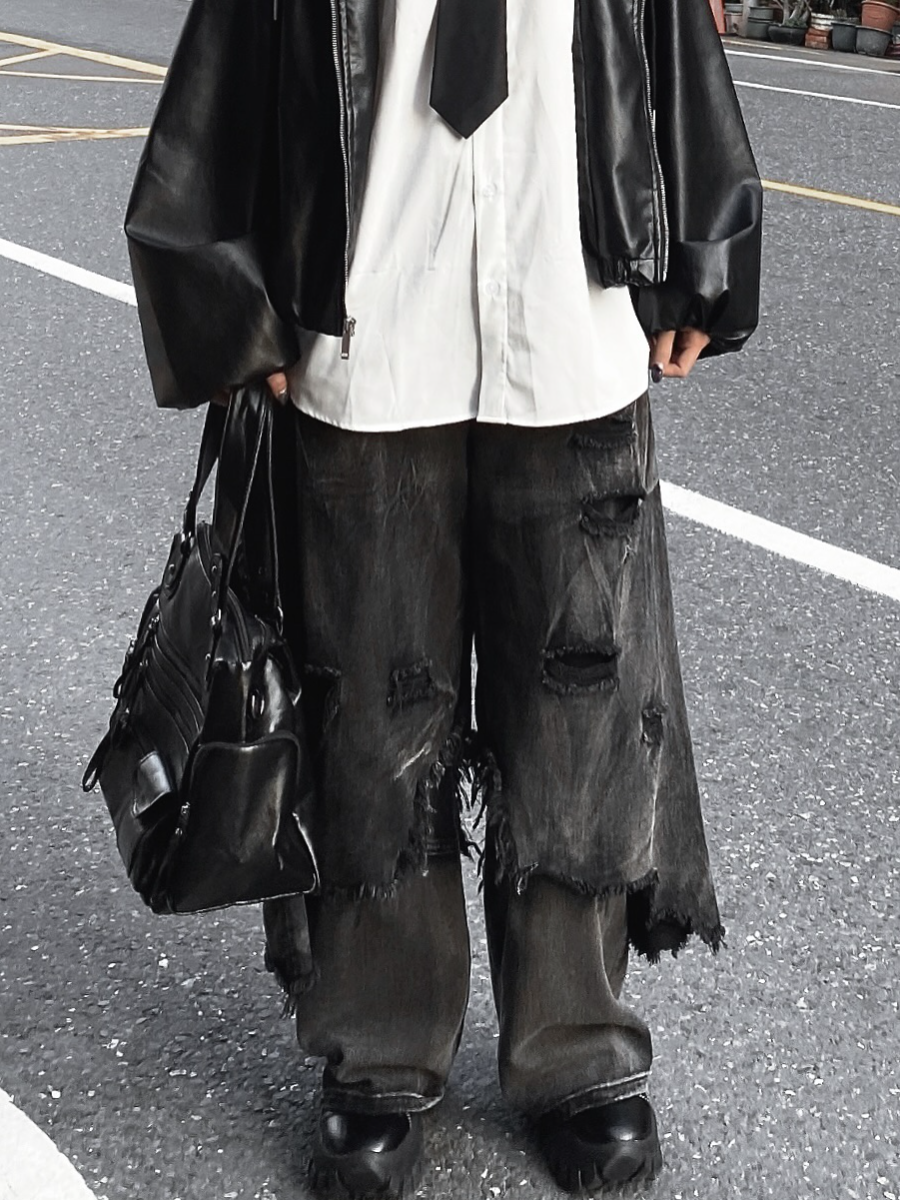 Men's Distressed Black Double-Layer Wide-Leg Jeans