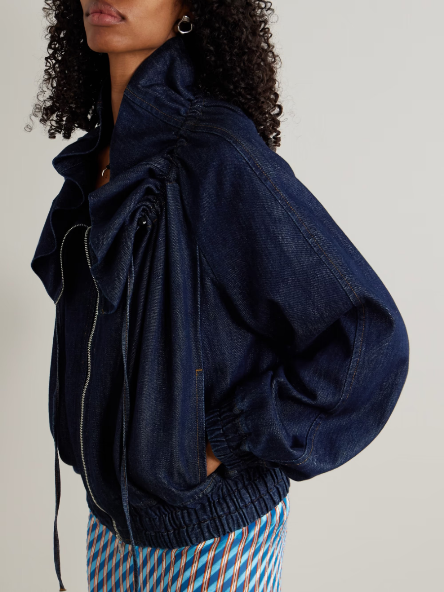 Ruffled Dark Denim Zip-Up Bomber Jacket