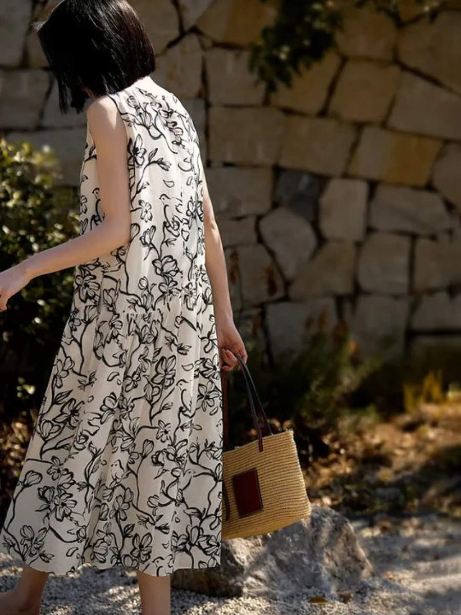 Linen Floral Sleeveless Midi Dress
