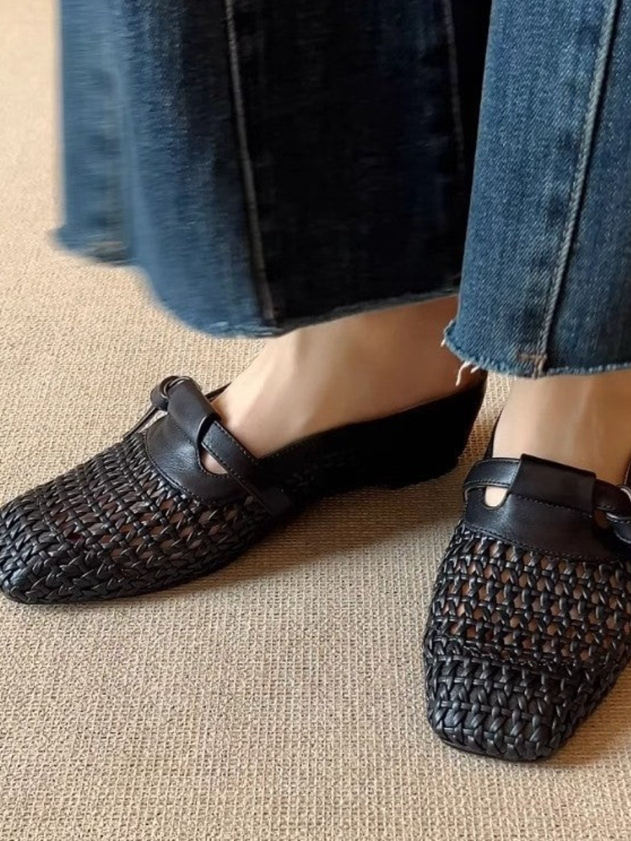 Breezy Woven Leather Mules | Square Toe Buckle Backless Loafers