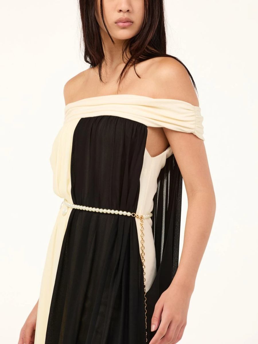 Monochrome Off-Shoulder Chiffon Maxi Dress