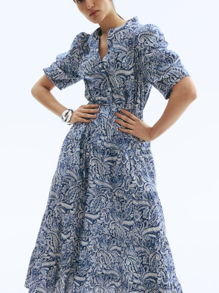Blue Paisley Puff Sleeve Midi Dress