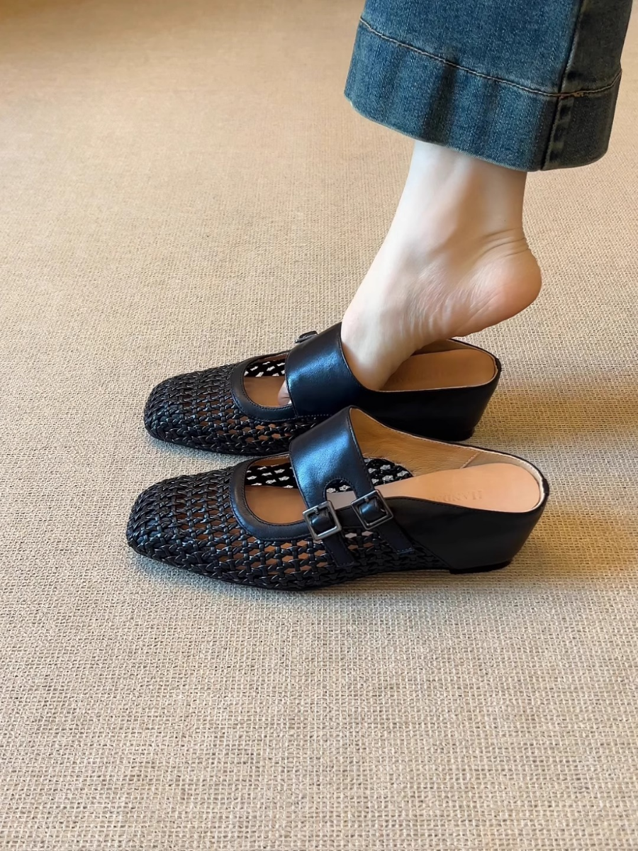 Woven Leather Double Buckle Mules | Square-Toe Wedge Slides for Women