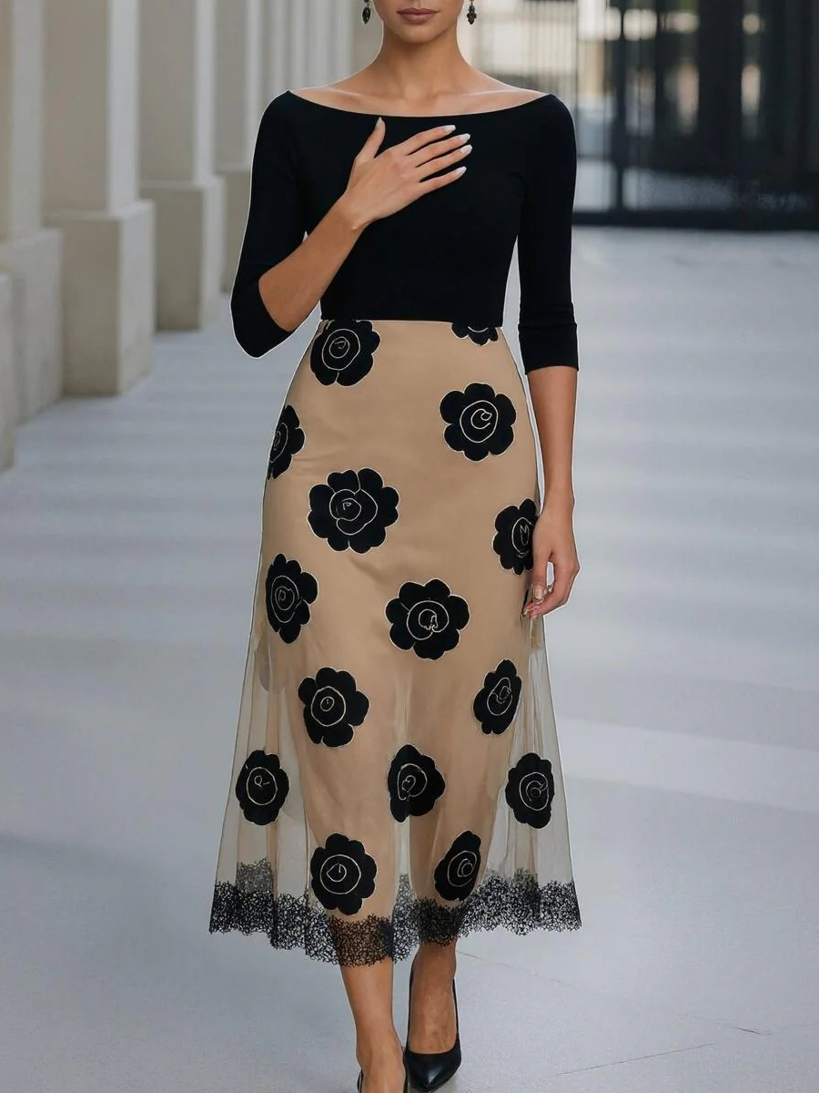 Groovy Black Boat Neck Midi Dress