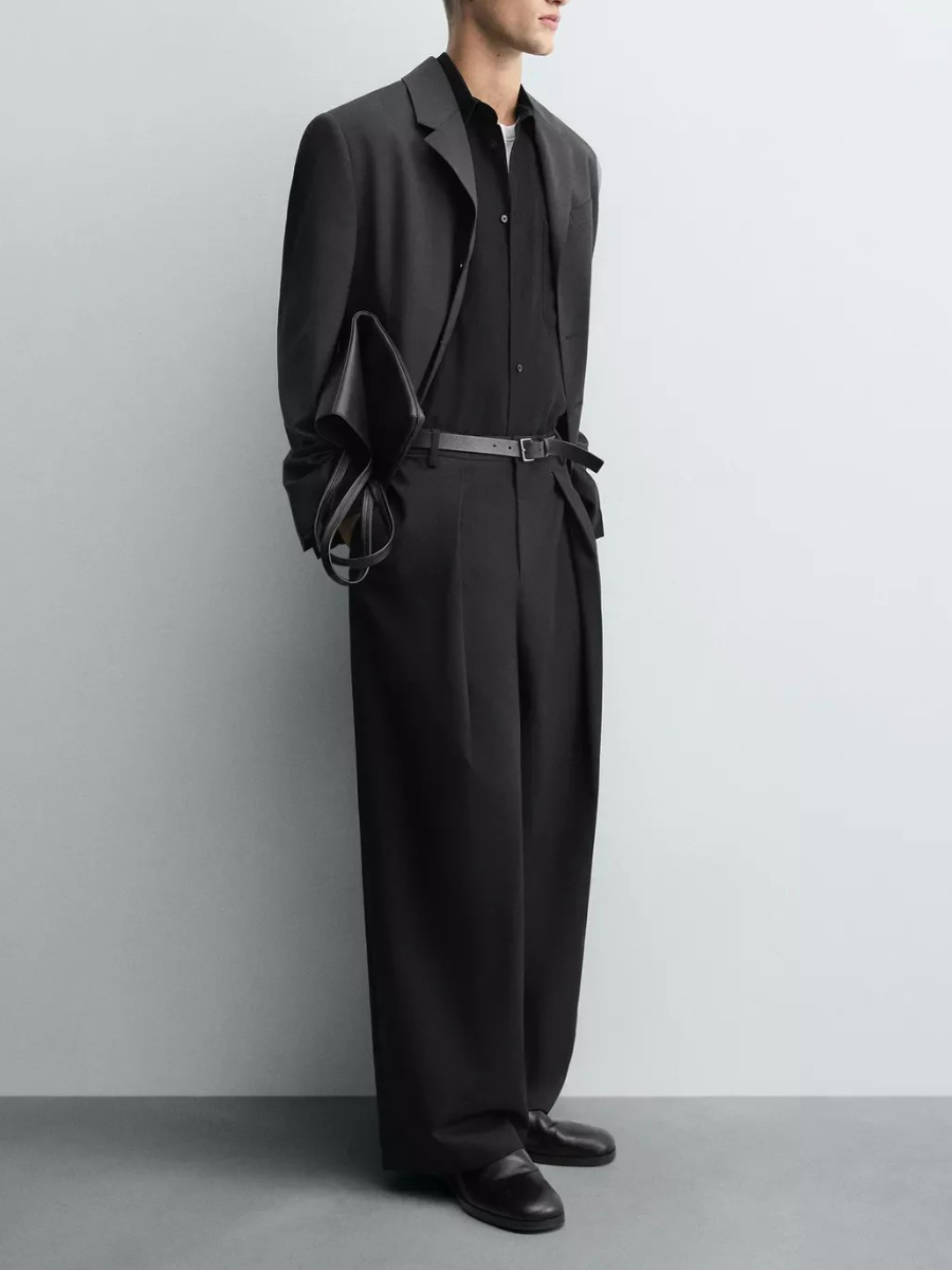 Minimalist Wide-Leg Pleated Trousers – Black Tailored Streetwear Pants