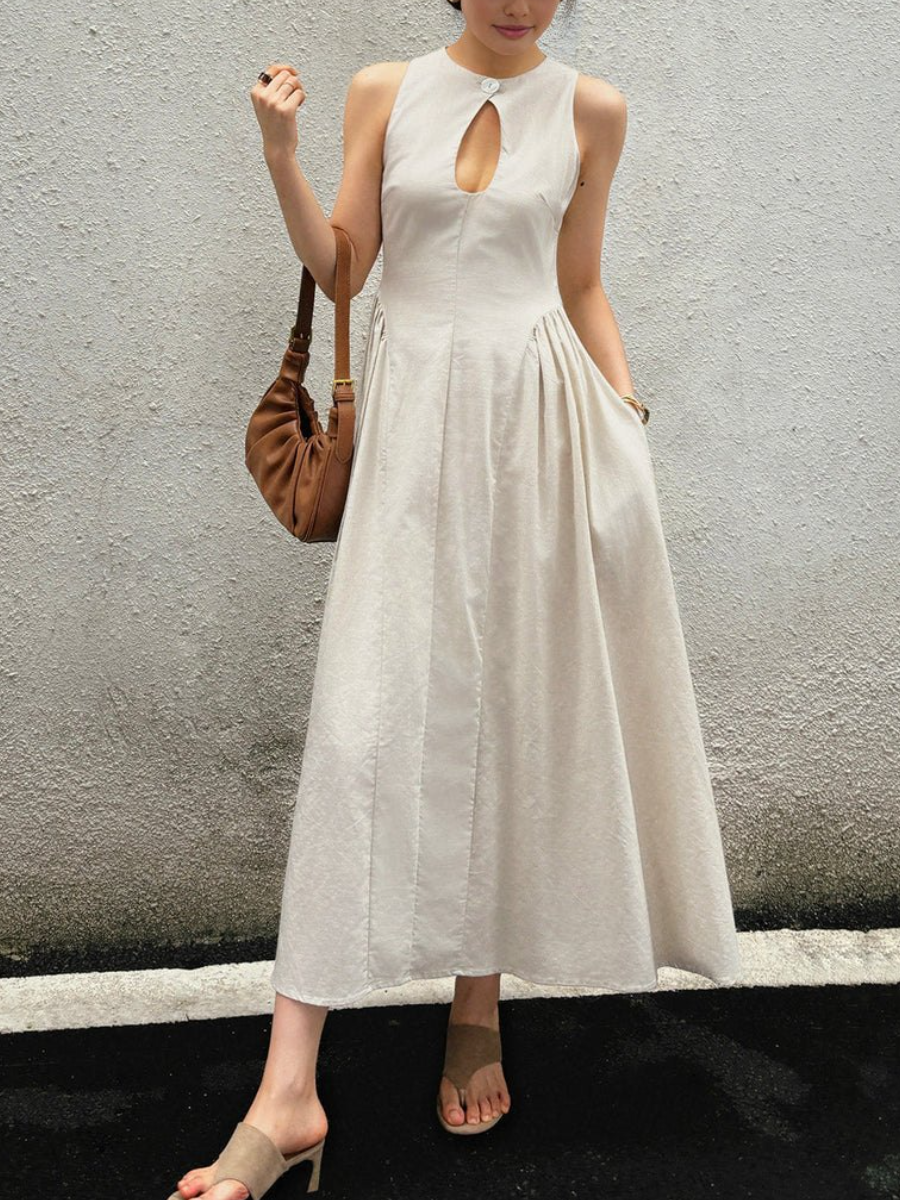 Cotton & Linen Pleated Cutout Long Dress