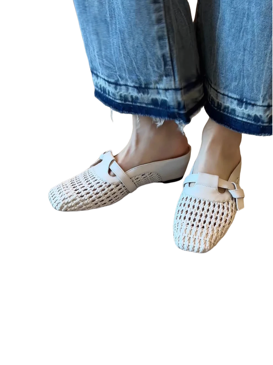 Breezy Woven Leather Mules | Square Toe Buckle Backless Loafers