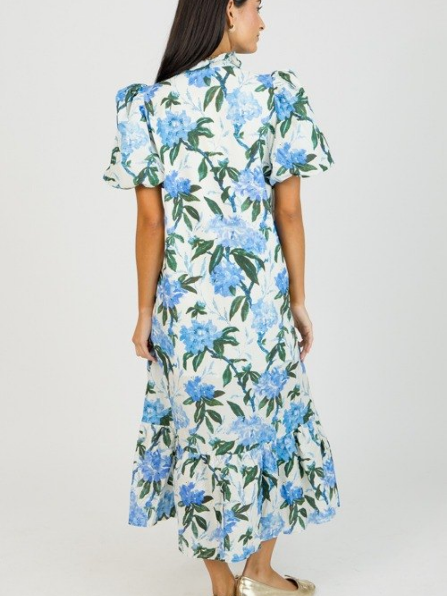 Blue Floral Puff Sleeve Midi Dress