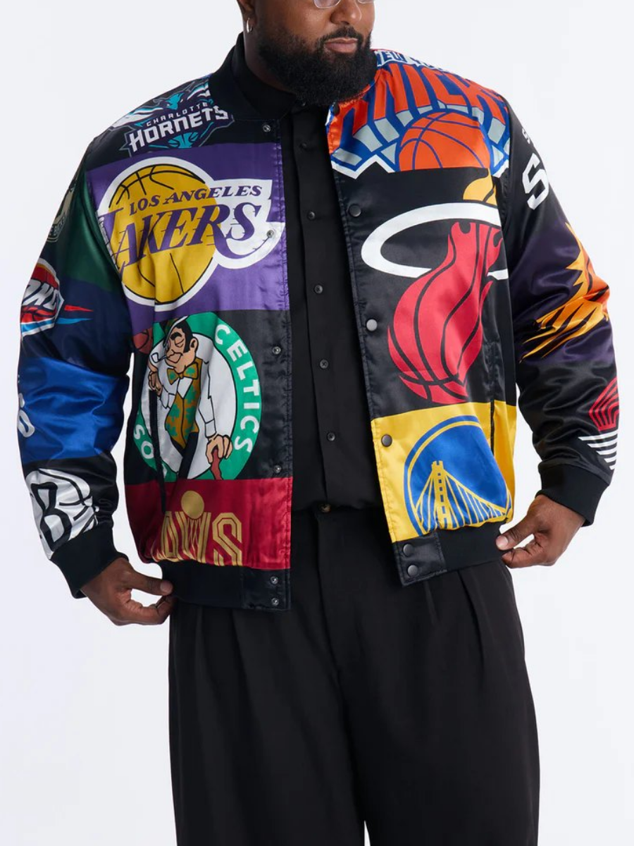 Team Patchwork Satin Bomber Jacket - Black