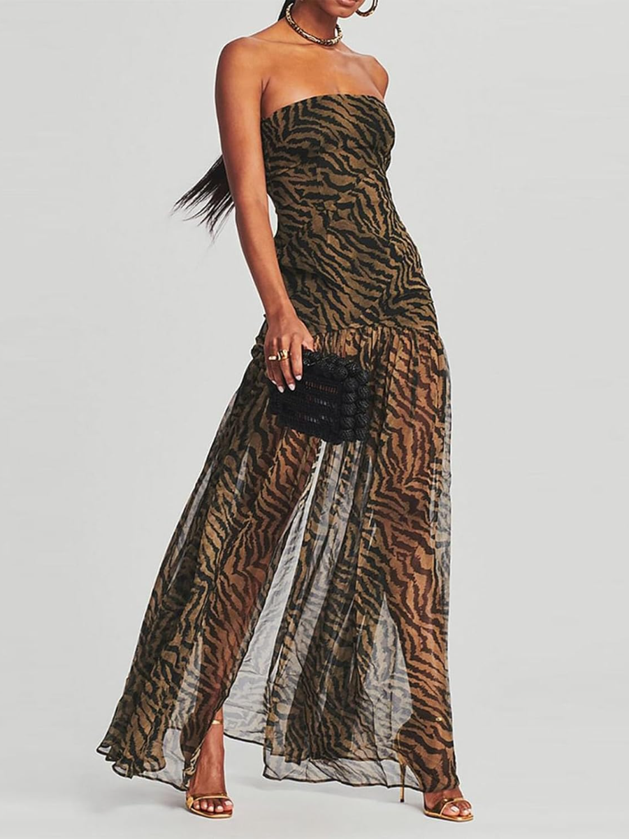 Leopard Mesh Strapless Backless Bodycon Dress
