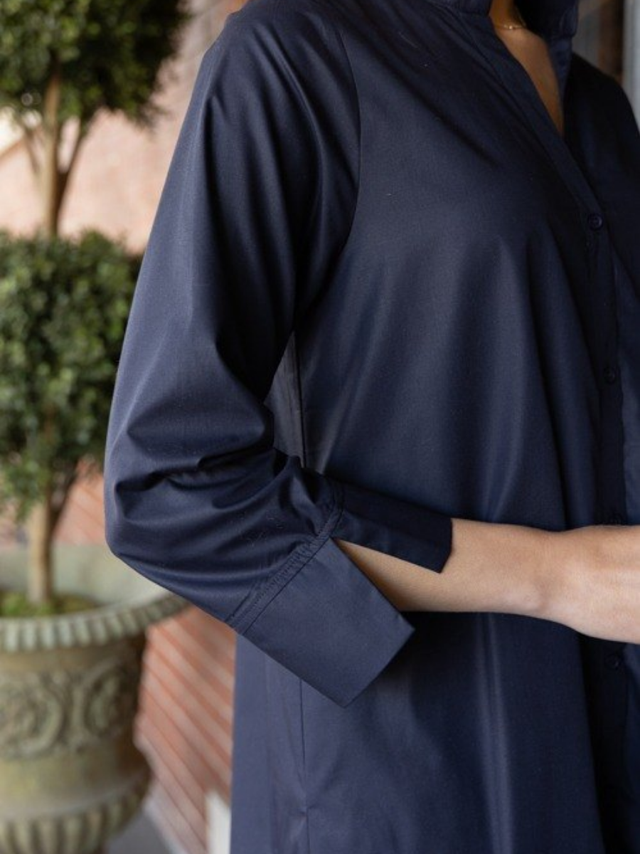 Navy Cotton Poplin Shirt Maxi Dress