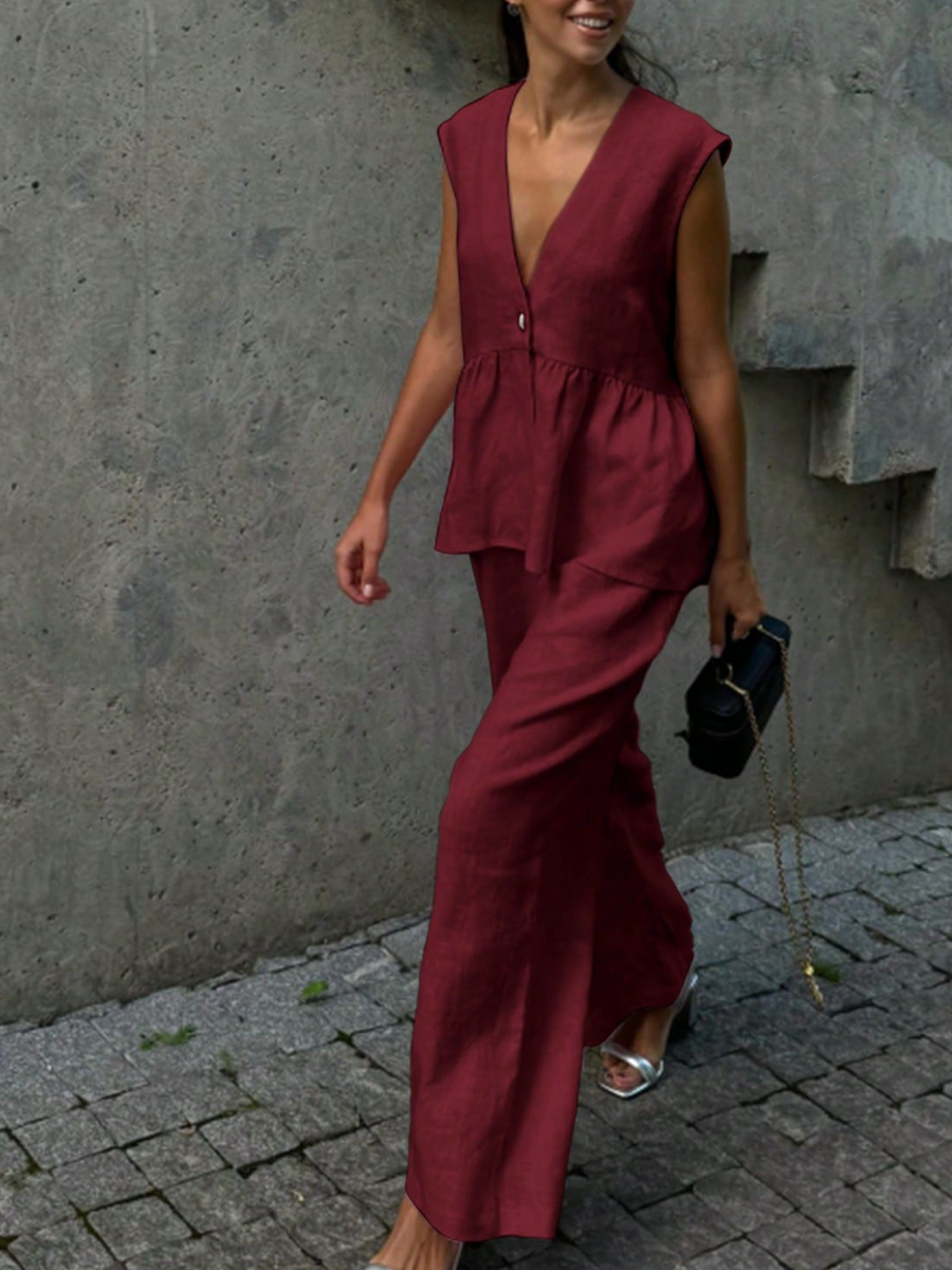 Ladies' V-neck Patchwork Top  Pants Casual Suit