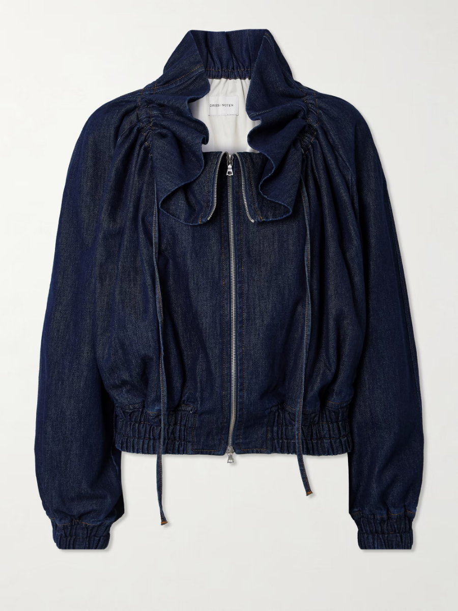 Ruffled Dark Denim Zip-Up Bomber Jacket