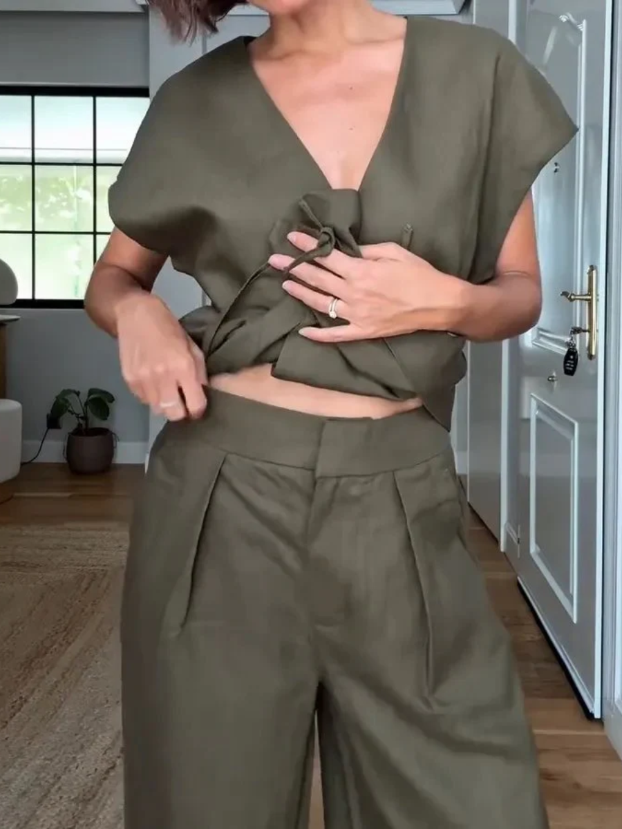 Ladies' V-neck Waist Cinched Top  Pants Casual Suit