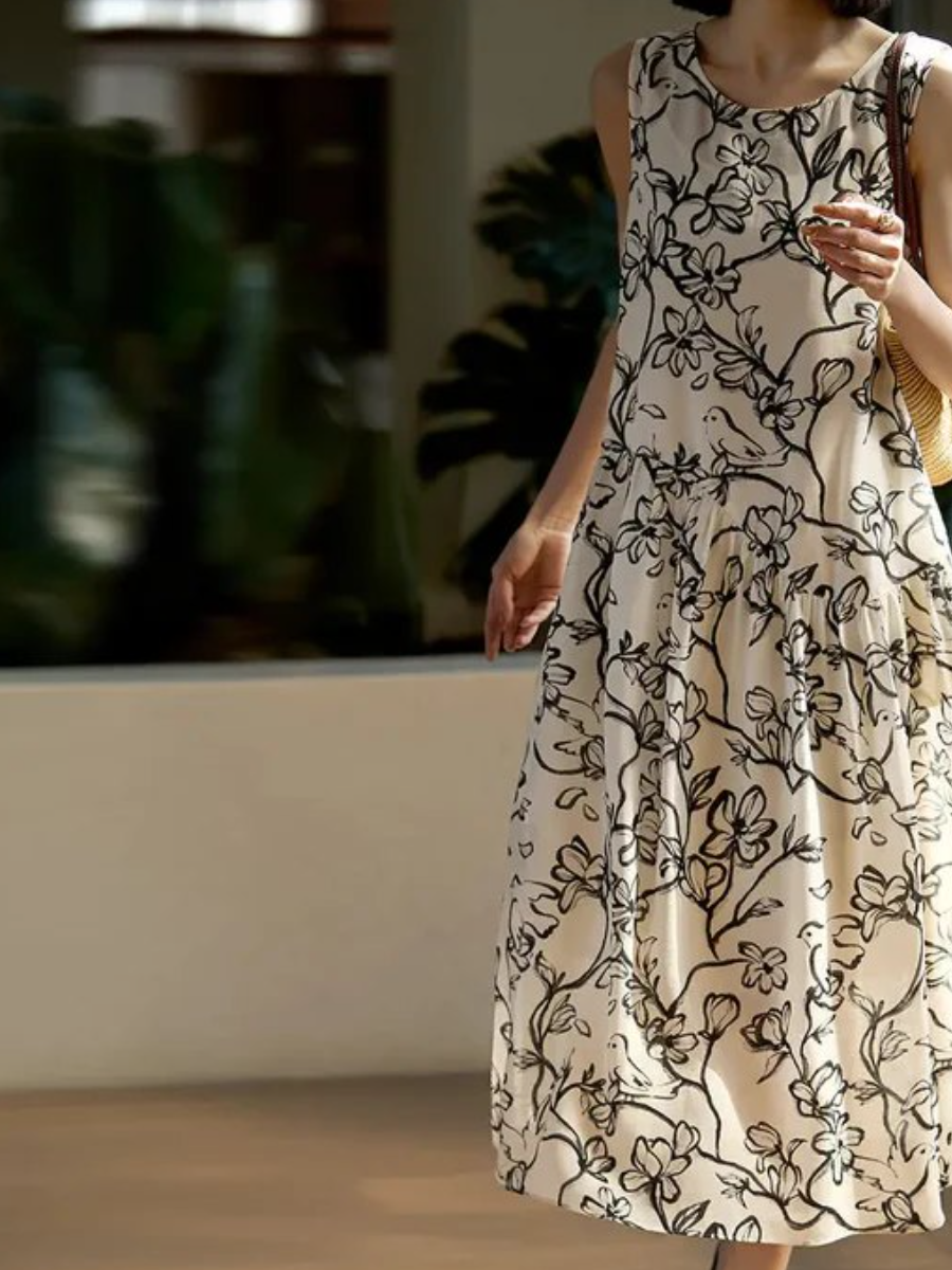 Linen Floral Sleeveless Midi Dress