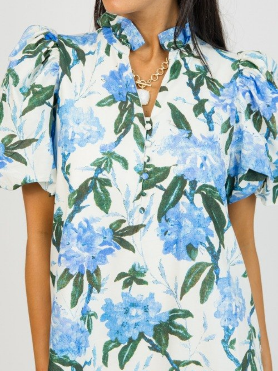 Blue Floral Puff Sleeve Midi Dress