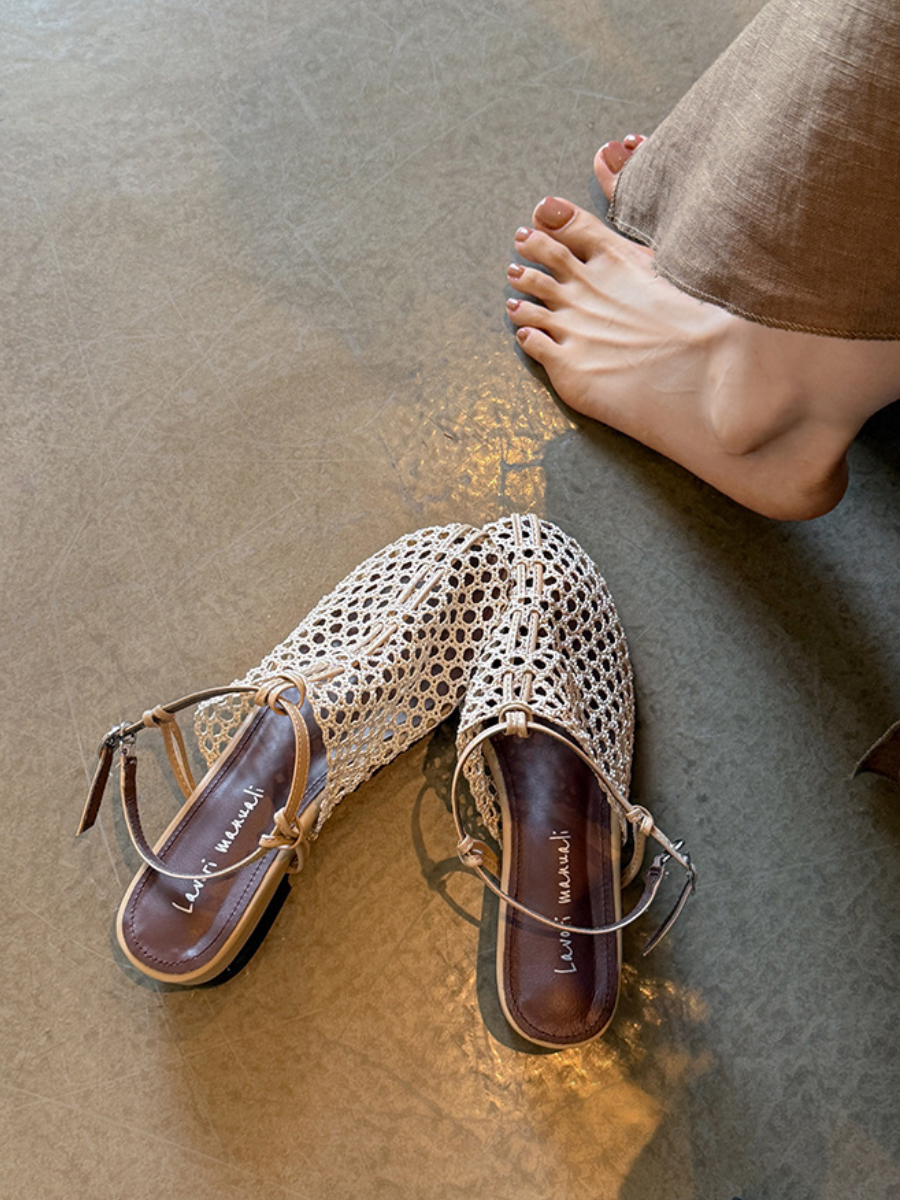 Lace Crochet Mesh Mule Sandals | Low Heel Backless Slingback Flats
