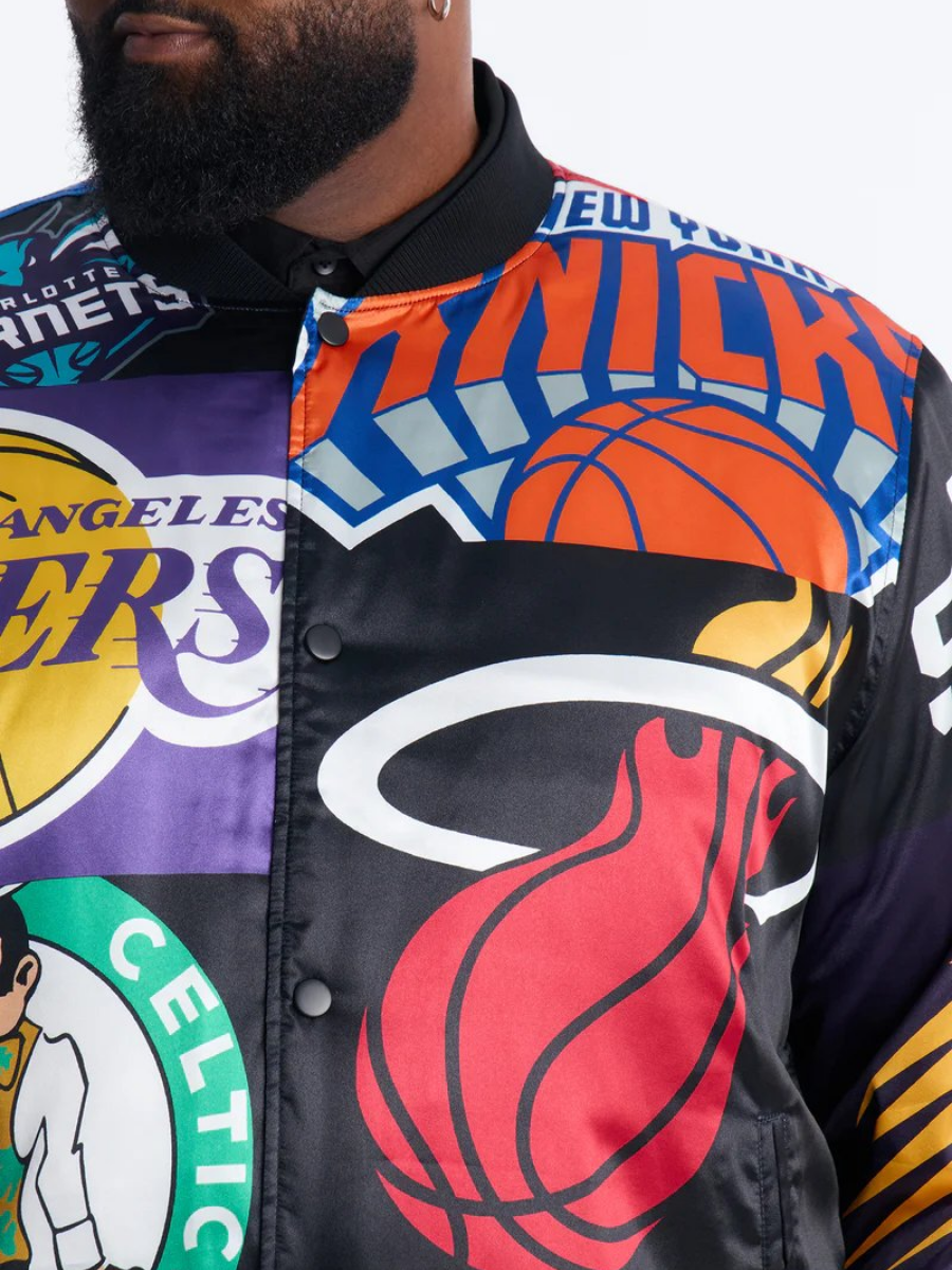 Team Patchwork Satin Bomber Jacket - Black