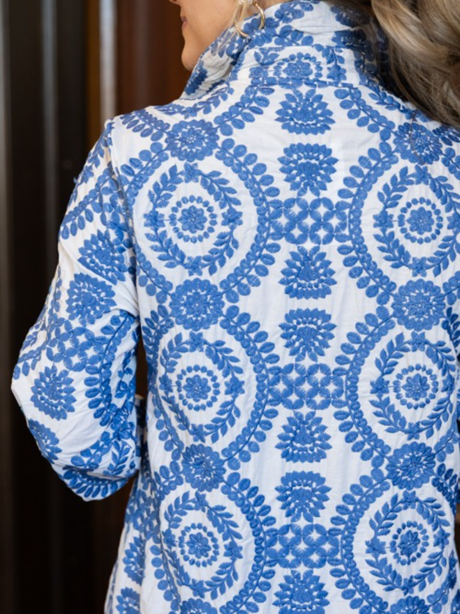 Coastal Blue Medallion Tiered Shirt Dress