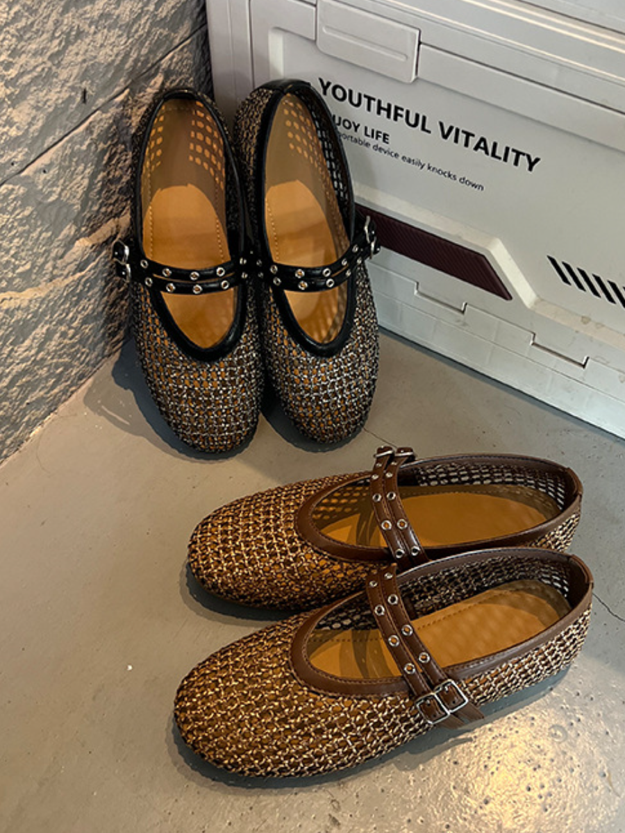 Mesh Mary Jane Flats | Breathable Studded Strap Ballet Flats