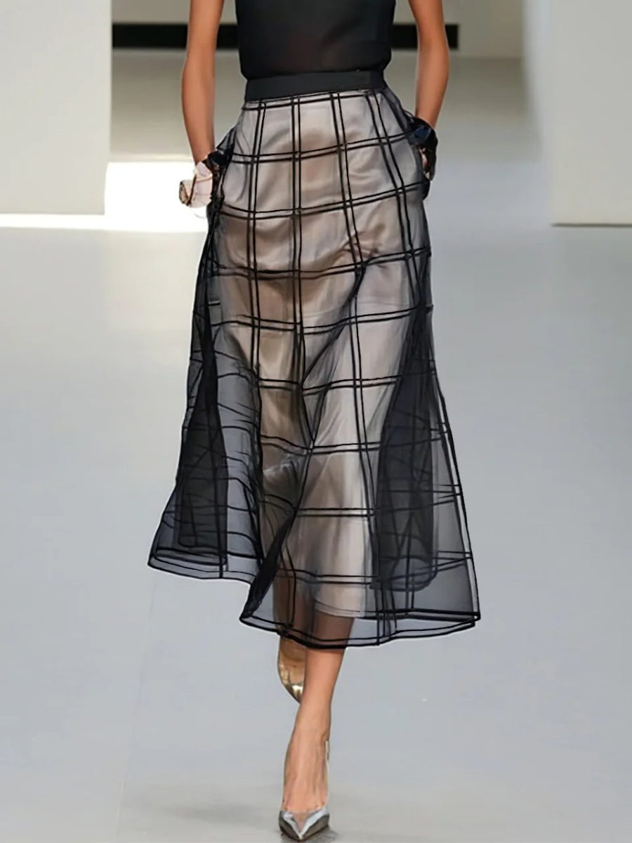 Black Organza Plaid Classic Mock Neck Sleeveless A-Line Midi Dress