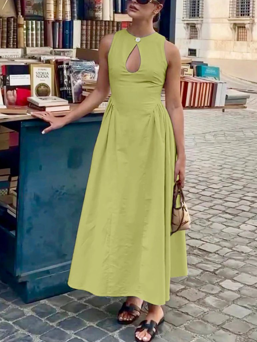 Cotton & Linen Pleated Cutout Long Dress