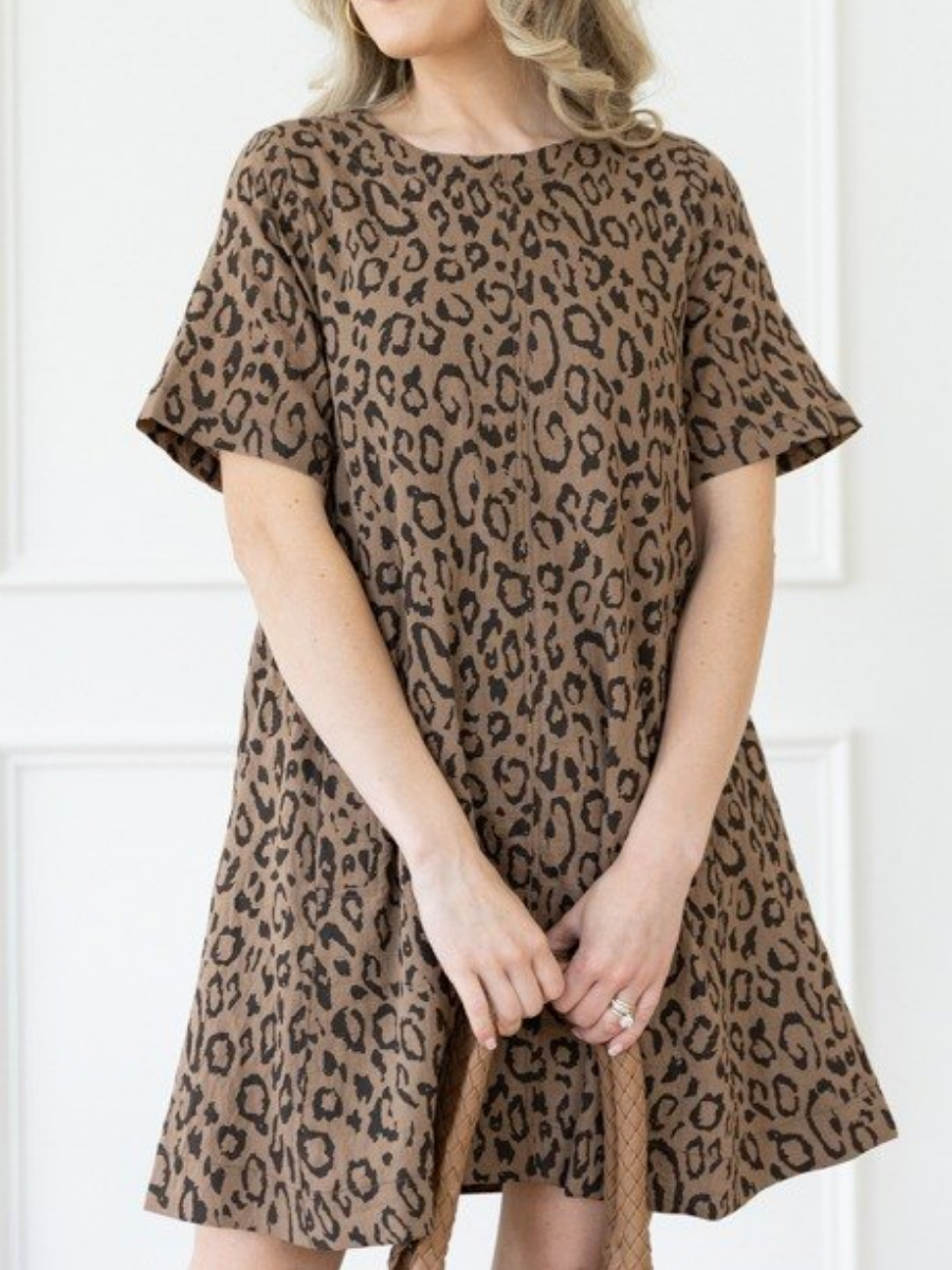 Leopard Print Linen-Blend Shift Dress