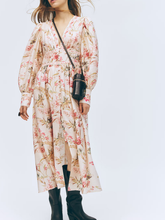 Blush Floral Button-Front Midi Dress