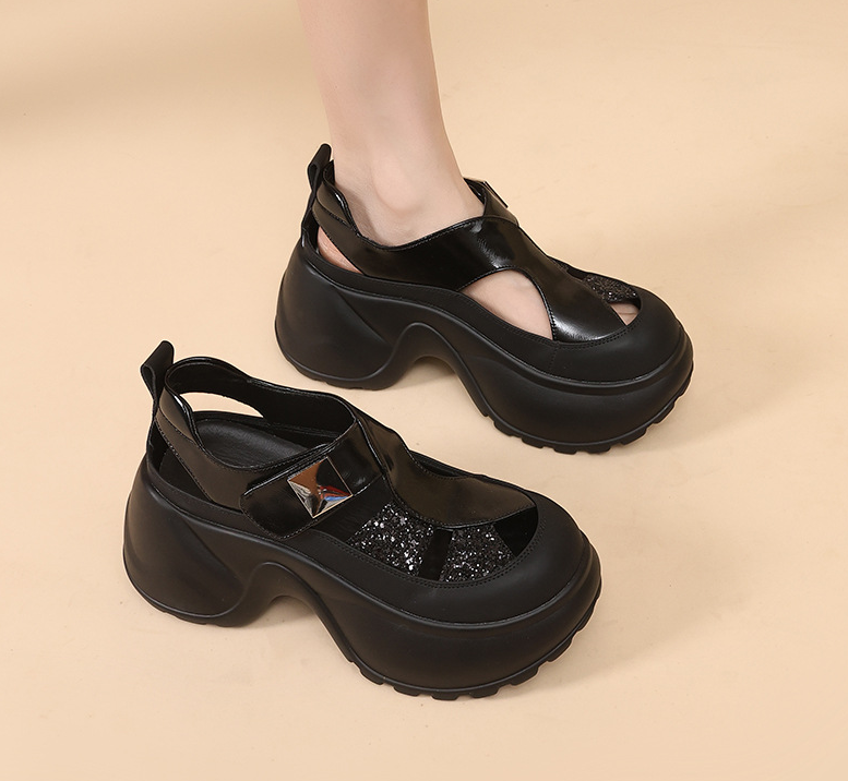 Glitter Platform Mary Jane Sandals | Chunky Wedge Heel with Studded Strap