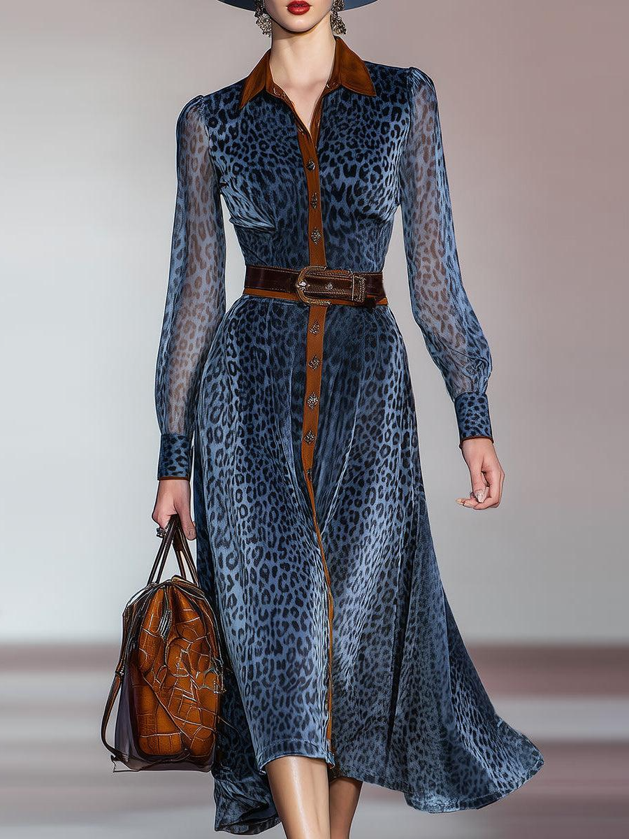 Blue Long Sleeve Leopard Midi Dress