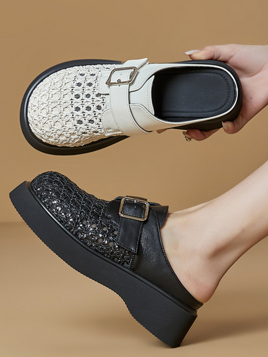 Lace Crochet Platform Mules | Buckle Strap Slip-On Wedge Clogs