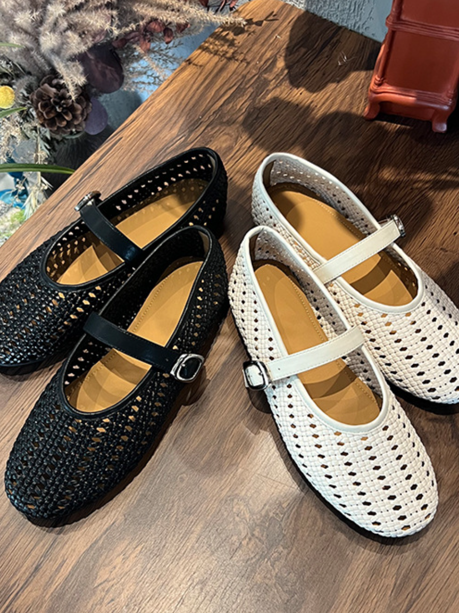 Breathable Woven Mary Jane Flats | Perforated Retro Buckle Loafers