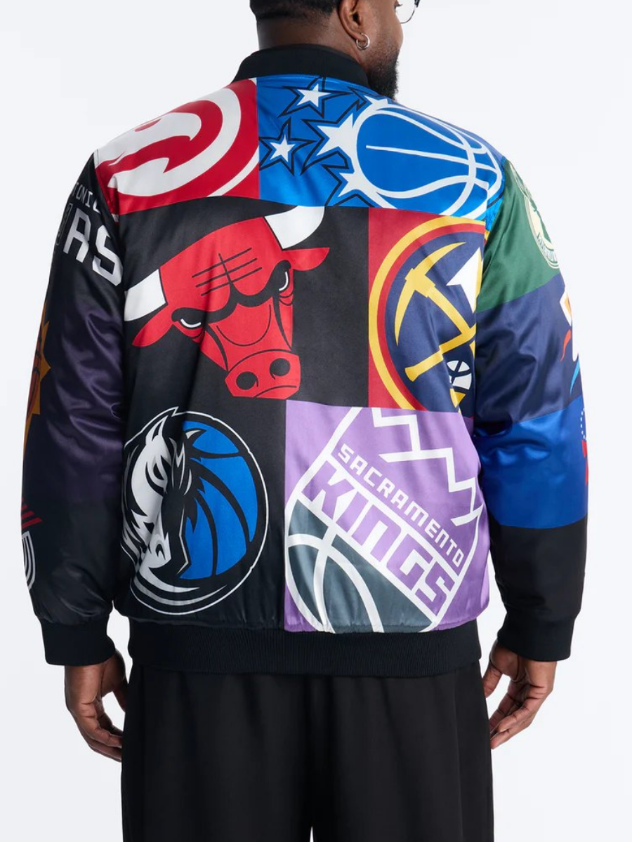 Team Patchwork Satin Bomber Jacket - Black
