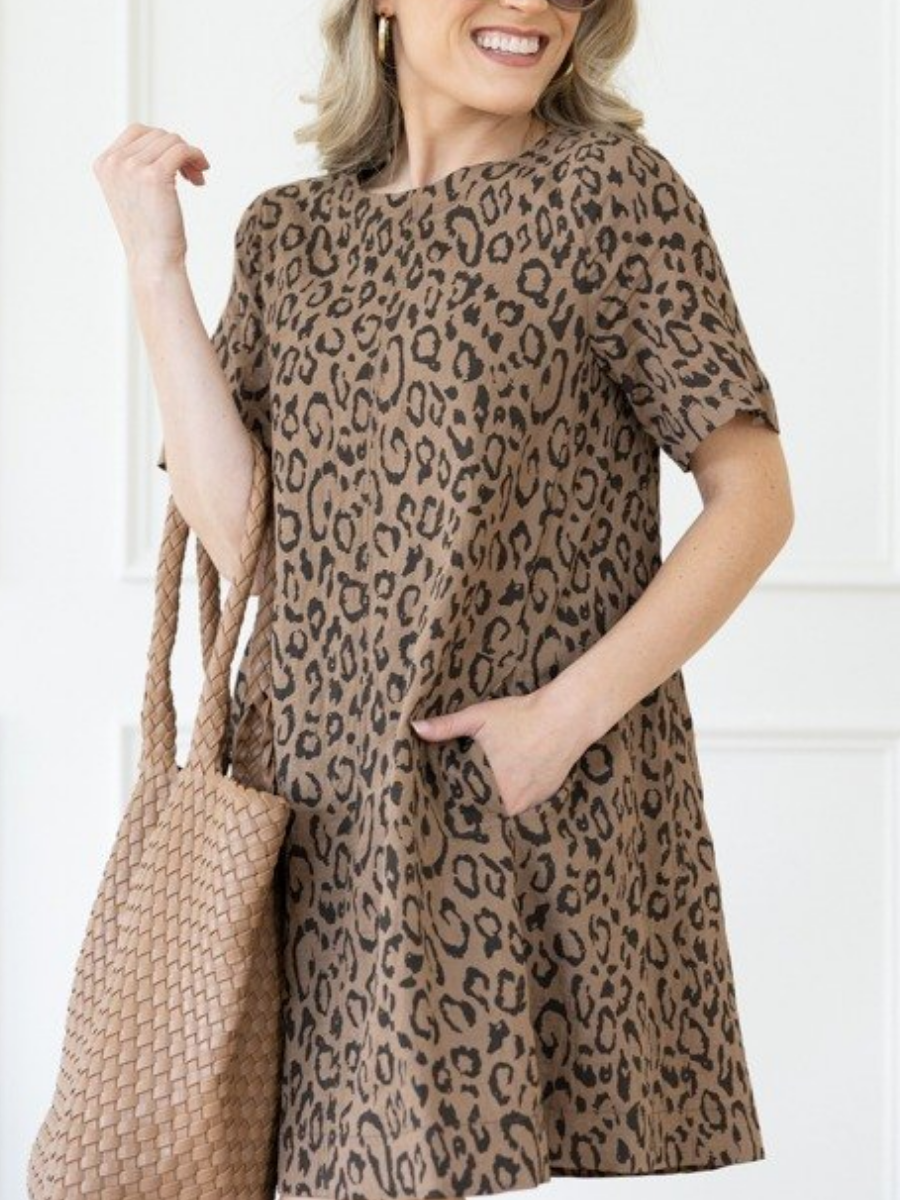 Leopard Print Linen-Blend Shift Dress